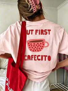 Lustiges Kaffee-Slogan Muster T-Shirt Damen Große Größen Locker Rundhals Kurzarm Kaffeeliebhaber Lässige Mode Minimalistisch Lässiges Top Rosa Sommer - Pink - Übersicht 1