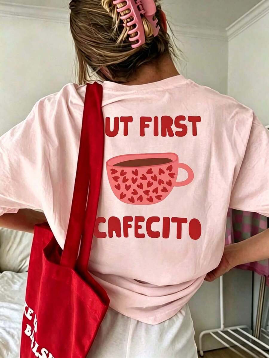 Lustiges Kaffee-Slogan Muster T-Shirt Damen Große Größen Locker Rundhals Kurzarm Kaffeeliebhaber Lässige Mode Minimalistisch Lässiges Top Rosa Sommer - Pink - Übersicht 1