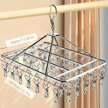 A Stainless Steel Drying Rack With 20/40 Clips - A Windproof Hanging Organizer For Socks And Underwear, Punch-Free, Hangable, Space-Saving Multi-Functional Hook - Silver - View 2