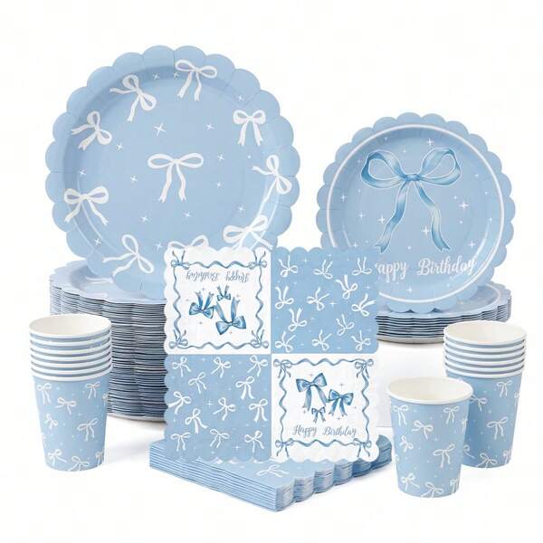 10/20/50/80pcs,Light Blue Coquette Bow Themed Party Tableware,Pastel Blue White Bow Ribbon Print Disposable Paper Plates,Cups & Napkins,Pastel Blue Bow Happy Birthday Dessert 7in & 9in Plates For Girly Party,Coquette Brunch Buffet Decor