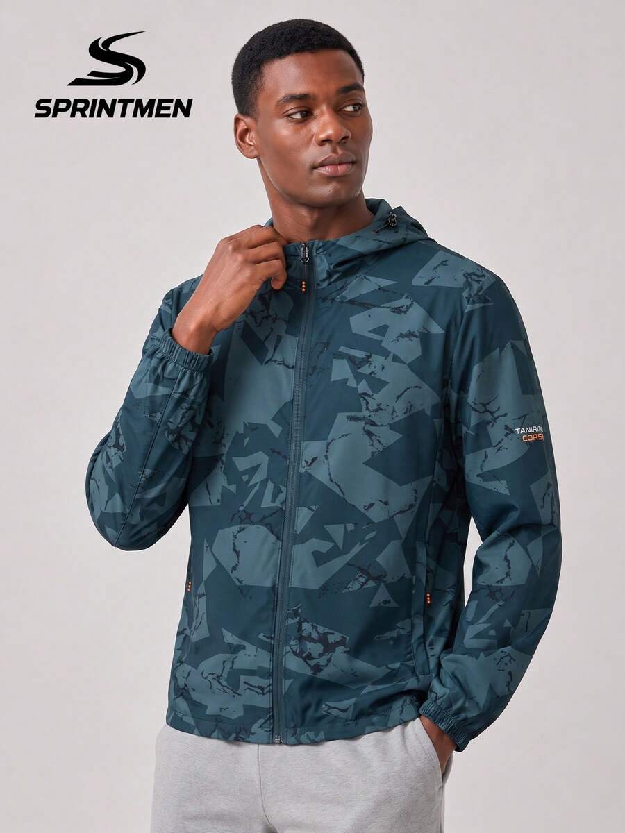 1pc Moisture-Wicking Hooded Outdoor Casual Jacket, Lightweight Geometric Print, Suitable For Daily Outdoor Activities, Running, Hiking, Cycling In Summer, Washable Men's Jacket - Dark Green - View 1