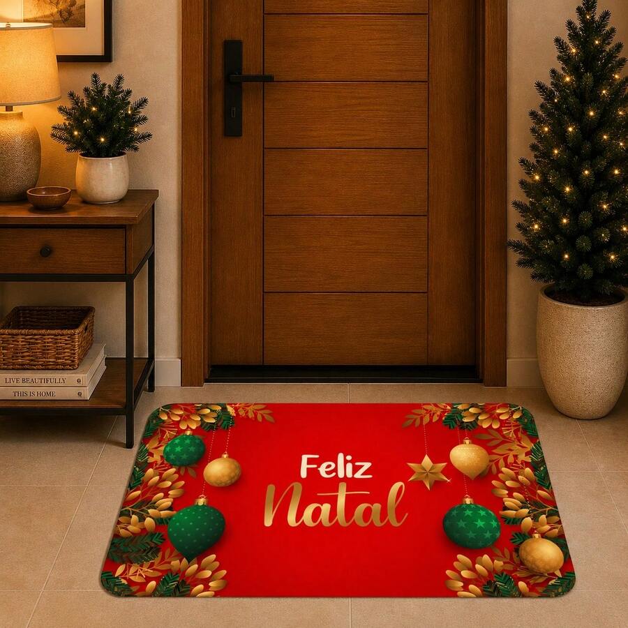 Tapete de Porta Decoração de Natal Feliz Natal Noel Bolinhas Antiderrapante