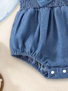 Infant Girls Denim Bubble Romper With Ruffle Sleeves, One-Piece Jumpsuit, Bow Decor, Cute Summer Outfit - Medium Wash - View 6