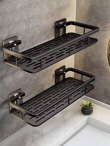Shower Caddy, Adhesive Shower Caddy Set With Hooks, No Drilling Required, Wall-Mounted, Rust-Proof, High-End Storage, Suitable For Bathroom, Kitchen, Storage Rack, Organizer, Black - Multicolor - View 2