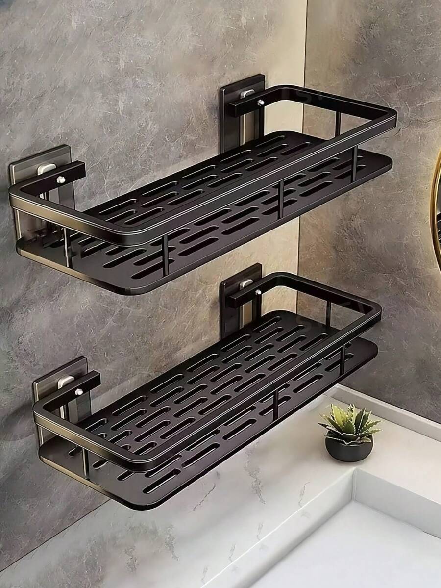 Shower Caddy, Adhesive Shower Caddy Set With Hooks, No Drilling Required, Wall-Mounted, Rust-Proof, High-End Storage, Suitable For Bathroom, Kitchen, Storage Rack, Organizer, Black