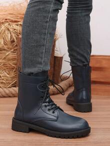 海軍藍人造皮革綁帶短靴，側拉鍊圓頭防滑粗底靴，適合日常通勤、戶外穿著，秋冬款 - 藏蓝色 - 查看 7