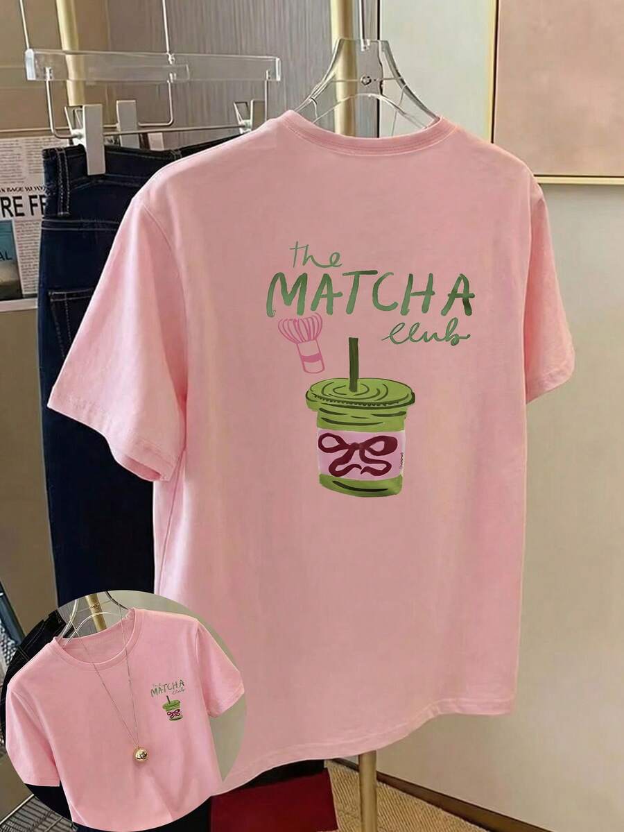 大尺碼女款抹茶飲品攪拌器蝴蝶結手繪字母印花圓領長袖休閒四季上衣 粉色夏季 - 粉色 - 查看 1