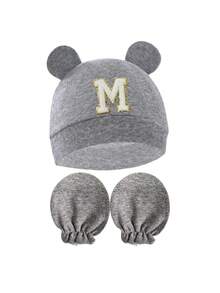 Baby A-Z Letter Newborn Hospital Cap&Anti-Scratch Mittens Gift Set Cartoon Bear Ear Newborn Baby Hat Soft Boy Girl Hats Beanie Cap Bonnet 0-3M - Grey - View 10
