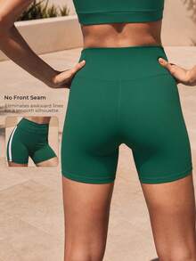 Women's Colorblock Tummy Control Ruched High Waist Butt Lifting Sports Shorts With Side Stripes - Green - View 1