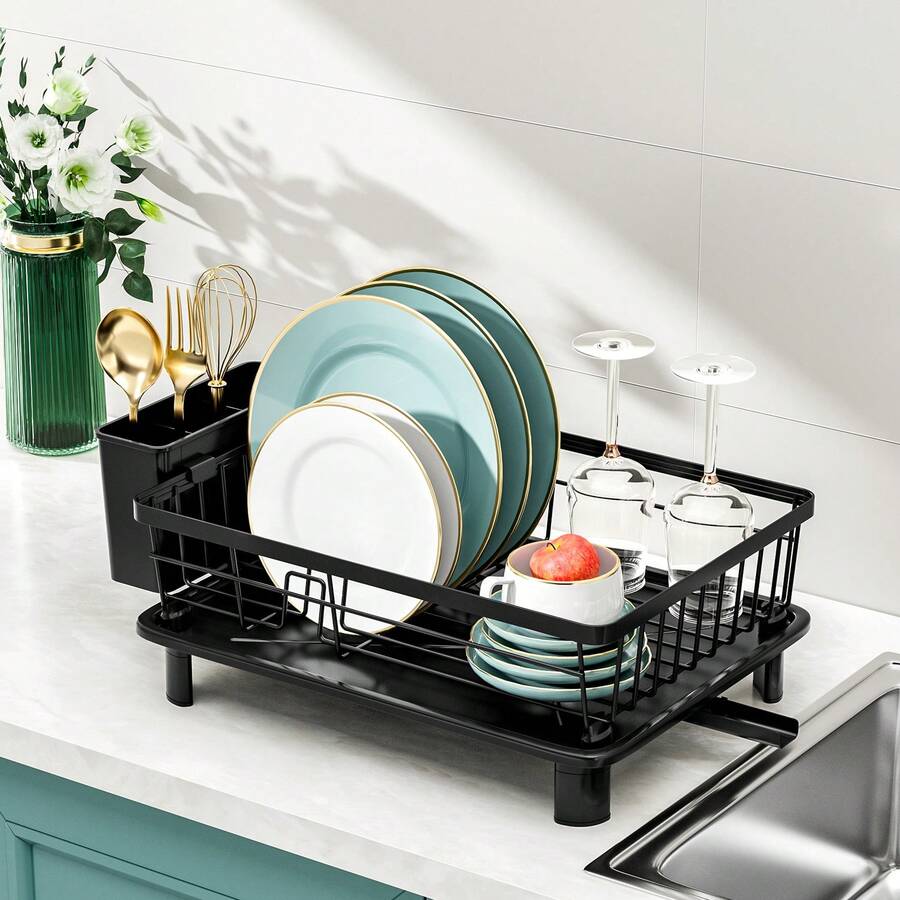 1 pieza Escurridor de platos automático, estante de almacenamiento de platos de cocina con soporte para cubertería, negro - Negro - Ver 1