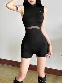 Top Dazzle Women's Sleeveless High Neck Unitard With Contrast Mesh, Short Polyester Bodycon Jumpsuit, Slight Stretch Semi-Sheer Performance Romper - Black - View 4