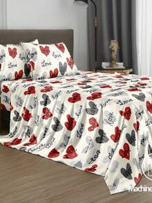 4pcs/Set Fashion Heart Shaped Love Pattern Sheet Set Easy Care Soft Bedding Set Floral Fitted Sheet Set (1pc Flat Sheet+1pc Fitted Sheet+2pcs Pillowcases)Fitted Sheet Set Sheet Deep Pocket Up To 11.8 Inch - Multicolor - View 6