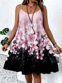 Women Boho Floral Print Spaghetti Strap Ruffle Hem Midi Dress, Adjustable Tie Neck Flowy Chiffon Sundress, Beach Vacation Outfit - Dusty Pink - View 1