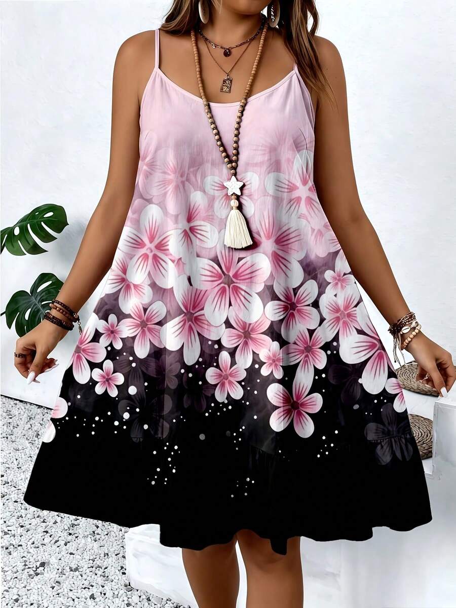 Women Boho Floral Print Spaghetti Strap Ruffle Hem Midi Dress, Adjustable Tie Neck Flowy Chiffon Sundress, Beach Vacation Outfit - Dusty Pink - View 1