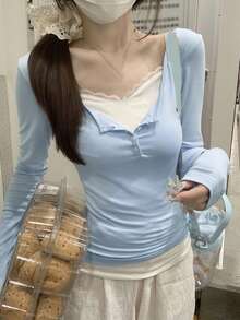 Atasan Kaos Wanita Kasual Model Korea Gaya Slim Fit dengan Patchwork Renda dan Lapisan Dalam 2 in 1 - Biru - View 1