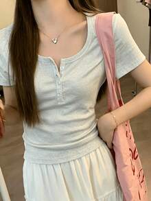 Solid Color Regular Shoulder Short Sleeve Women's Versatile Round Neck Slim Fit Flattering Elastic White Semi-Sheer T-Shirt Top Summer Casual - Light Grey - View 8