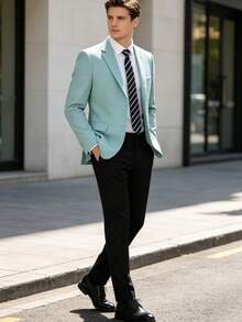 Men's Slim Fit Business Casual 2-Button Travel Suit Jacket, Solid Color Party & Ball Suit - Mint Blue - View 7