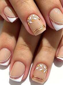 Adesivos de Unhas Francesas, Unhas Postiças Quadradas Curtas Nude, Ponta Francesa Branca com Design de Linha Dourada Minimalista, Unhas Acrílicas com Esmalte Gel Brilhante, Conjunto de Cola de Unhas Natural Reutilizável, Suprimentos para Unhas - Multicolorido - Visão 1