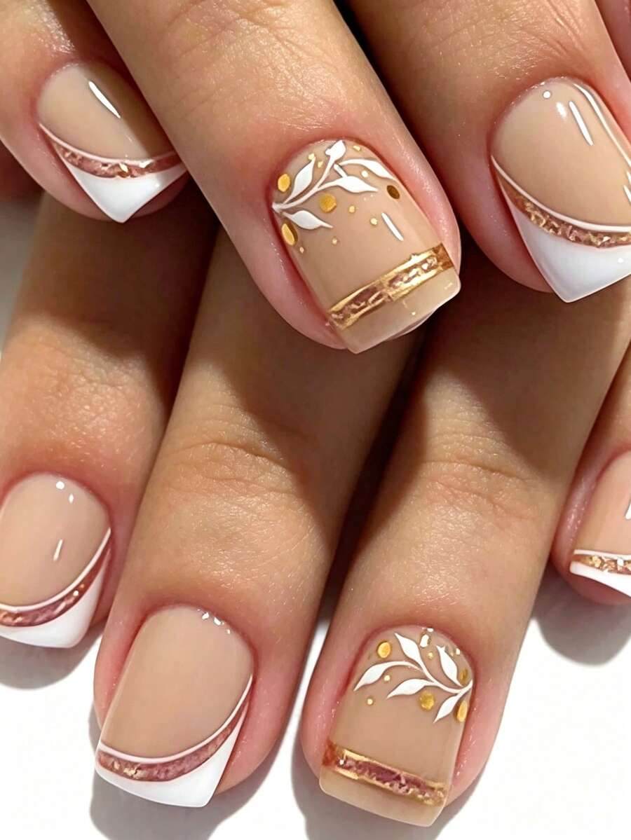 Adesivos de Unhas Francesas, Unhas Postiças Quadradas Curtas Nude, Ponta Francesa Branca com Design de Linha Dourada Minimalista, Unhas Acrílicas com Esmalte Gel Brilhante, Conjunto de Cola de Unhas Natural Reutilizável, Suprimentos para Unhas - Multicolorido - Visão 1