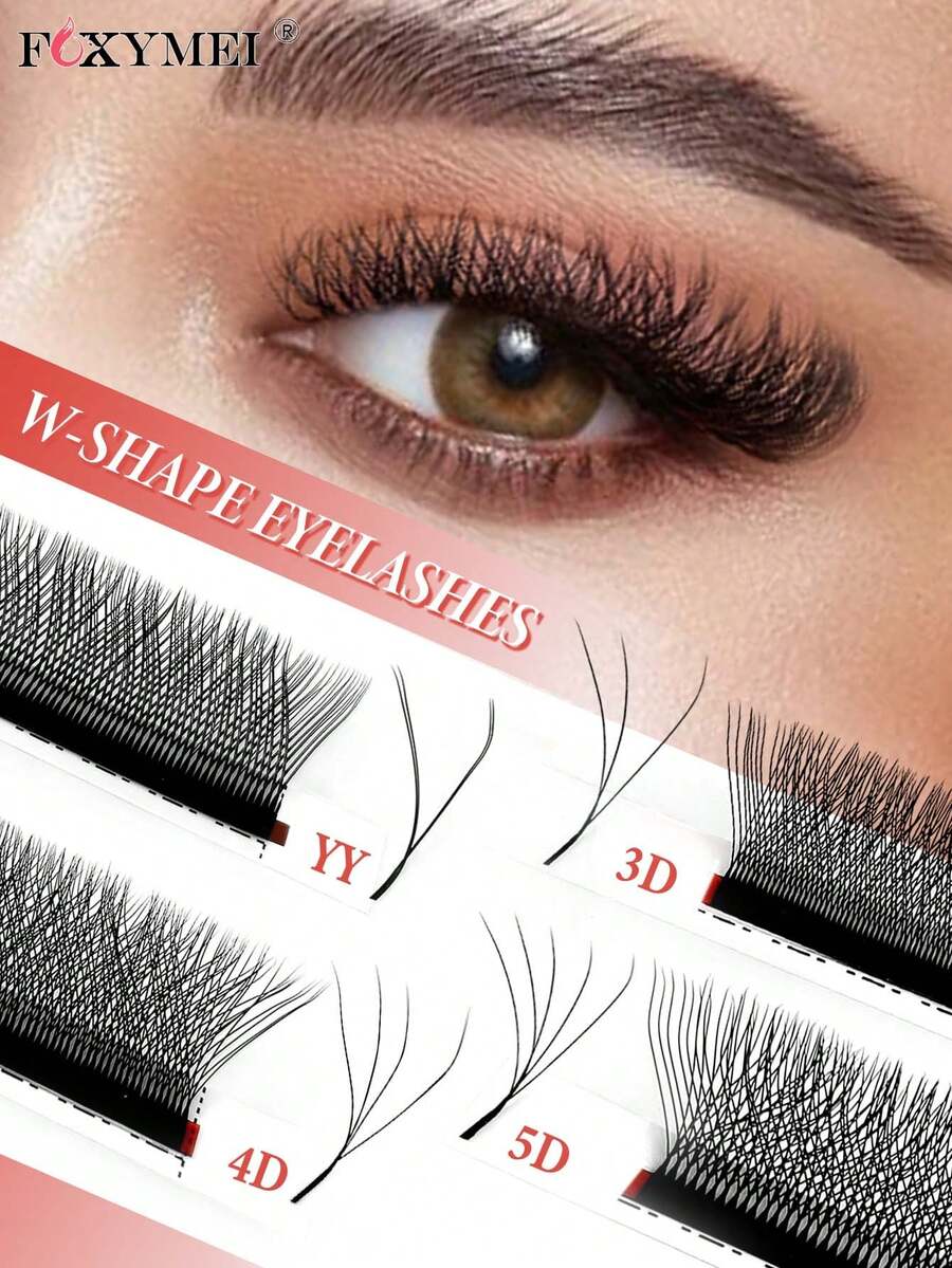 FOXYMEI 12 Rows New W-Shaped Eyelashes C/D/LU(M) Curl W-Shaped Lash Extensions YY/3D/4D/5D Imported Material Handmade Natural False Eyelashes 7-15mm Pre-Made Dense Fan Shape 0.07mm Thickness Lightweight Soft Automatic Blooming Salon Style