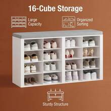 HaluPeit 16 Grid Efficient Storage Shoe Changing Stool Shoe Cabinet, Open Grid Design, Adjustable Shelves, Retro/White Color - White - View 3