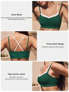 Set Bra Olahraga Wanita untuk Kebugaran, Bantalan yang Dapat Dilepas, Bagian Belakang Silang, 2 in 1, Trim Kontras, Bagian Dada Berkerut, Tali Bahu Tipis, Pakaian Olahraga Yoga dan Kebugaran - Hijau - View 3