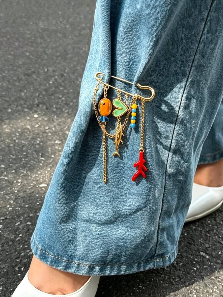 1件俏皮熱帶海灘風玻璃魚心小魚紅珊瑚吊墜胸針,毛衣胸針、西裝洋裝配件、褲鏈時尚派對珠寶外套飾品,女性禮物 - 金色 - 查看 1