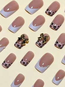 24pcs Rectangular French Leopard Print 3D Gold Butterfly Decor Sweet Cool Y2K Style Nail Art Sticker Set, Includes Jelly Glue And Nail File, Perfect For Women's Daily Wear, Afternoon Tea And Autumn/Winter Nail Art Nails - Multicolor - View 4