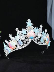 1pc Silver Mermaid Ocean Tiara, Starfish Shell Rhinestone Crown, Cute Underwater Theme Party Cosplay Hair Accessory - Silver Blue - View 5