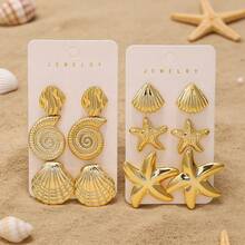 3 Pairs New Fashion Women's Stud Earrings Set, Elegant Ocean Starfish & Shell Element, Personalized Style Ear Jewelry - Starfish - View 2