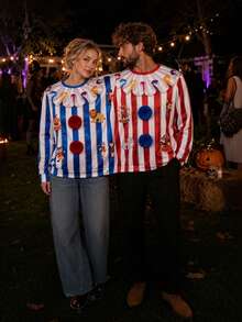 Couples Halloween Clown Costume 2-Person Conjoined Pullovers For Cosplay - Blue and Red - View 3