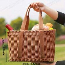 Vintage Brown Plastic Woven Basket With Handmade Rattan Texture And Handle, Multi-Functional Outdoor Picnic Basket For Storage And Home Organization, Ideal Gift For Holidays, Father's Day, Mother's Day - A - View 5
