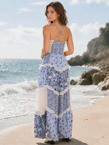 Women's Boho Floral Maxi Dress Cute Lace Patchwork Ruffle Flowy Long Dress Spaghetti Strap Deep V Neck Backless Dress Low Cut Beach Vacation Sundress - 藍色 - 查看 2