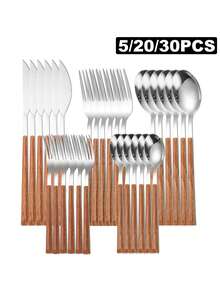 Christmas 5/20/30pcs Stainless Steel Cutlery Set, Wooden Pattern Plastic Handle Knife Fork Spoon Teaspoon, Suitable For Home Kitchen Hotel Party Home Decor New Year Gift - Silver - View 1