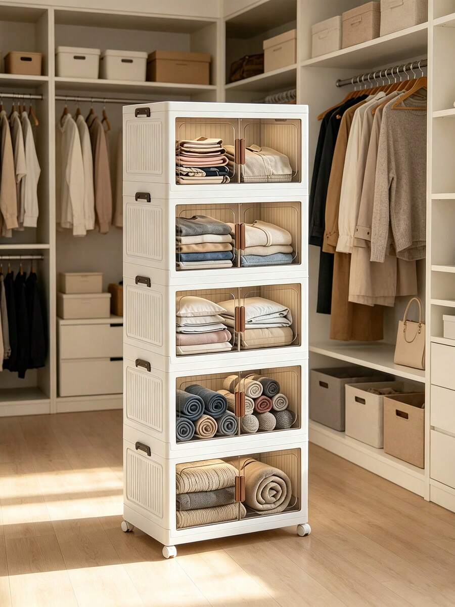 43 Cm Home Storage Cabinet, Multi Layer Foldable Storage Organizer With Transparent Doors And Mobile Casters, Modular Cabinet Combination For Bedroom Kids Room Study Room Kitchen Household Storage Organization - White - View 1