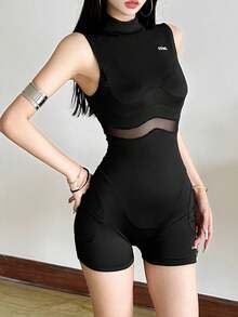 Top Dazzle Women's Sleeveless High Neck Unitard With Contrast Mesh, Short Polyester Bodycon Jumpsuit, Slight Stretch Semi-Sheer Performance Romper - Black - View 3