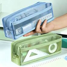 2/1 Cute Morandi Plaid Transparent Double Layer Pencil Case, Large Capacity Mesh Stationery Storage Bag With Handle And Zipper, Portable Travel Makeup Bag, Suitable For Adults, School, Office, Back To School Essential - Square - View 4