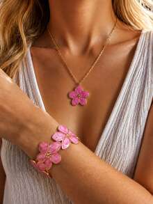 VceTd 1 Set Naturalist Style Colorful Enamel Plumeria Shaped Stainless Steel Women's Jewelry Set Suitable For Women To Wear At Engagement Or Wedding - Yellow Gold - View 3