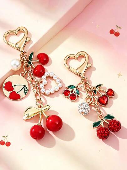 1pc Exquisite Diamond-Set Cherry Apple Keychain Pendant, Pearl Heart Bag Pendant, Fashion Mobile Phone Case Pendant, Car Keychain Gift