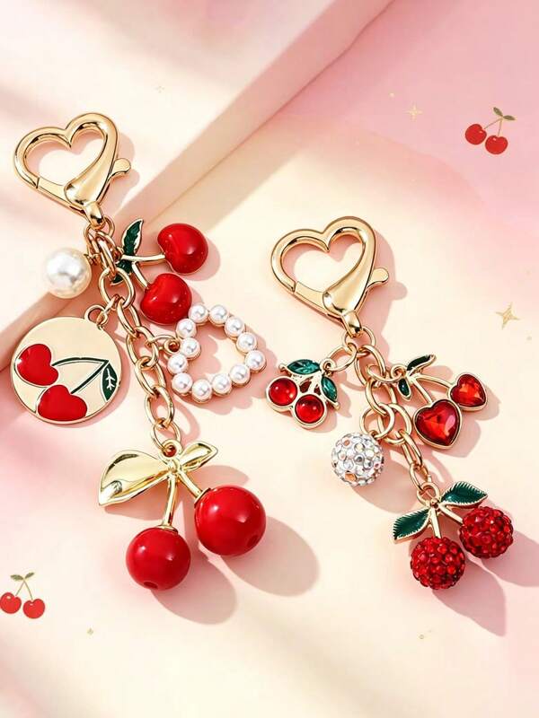 1pc Exquisite Diamond-Set Cherry Apple Keychain Pendant, Pearl Heart Bag Pendant, Fashion Mobile Phone Case Pendant, Car Keychain Gift