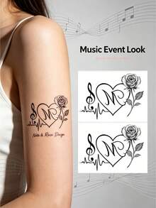 1pc INS Black Line Musical Note Rose Tattoo Sticker, Heartbeat & Staff Design, Gentle Vibe Body Decoration For Forearm And Collarbone - Multicolor - View 1