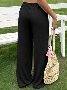 Plus Size Women's Black Ribbed Drawstring Elastic Waist Wide Leg Pants, Dual Pockets Casual Slimming Long Pants - Black - View 2