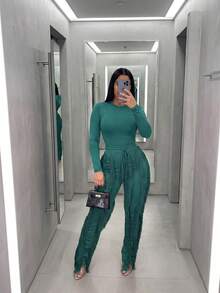 CALEBGAR Women's 2 Piece Lounge Set Long Sleeve Fringe Top & Athletic Pants Fall Winter Casual Dance Outfit - 綠色 - 查看 5