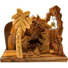 Miniature Nativity Set, Olive Wood Figures With Working Brass Bell From Bethlehem, 3.9 Inch, Hand Carved Palm Tree Holy Family Tabletop Religious Christmas Keepsake - Brown - View 2
