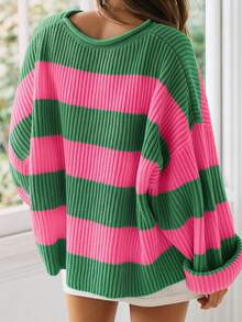 Women's Preppy Ribbed Knit Striped Pullover Sweater, Regular Length, 3/4 Sleeve, Bright Pink And Green Knit Top - Green and Pink - View 3