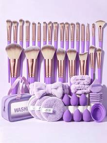 1/45pcs All-In-1 Makeup Tools Set, Soft Gradient Synthetic Brushes (Face Fan, Eye Lash), Purple Beauty Sponges, Triangle Finger Powder Puffs, Plush Hair Accessories, Silicone Cleaning Bowl, Wash Bag For Daily Use & Travel - Purple - View 12