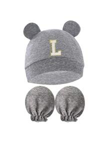 Baby A-Z Letter Newborn Hospital Cap&Anti-Scratch Mittens Gift Set Cartoon Bear Ear Newborn Baby Hat Soft Boy Girl Hats Beanie Cap Bonnet 0-3M - Grey - View 9