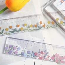 1pc Transparent Floral Acrylic Ruler, Dual Scale Transparent Ruler, Spring Floral Pattern Measuring Ruler, Suitable For Students, School, Office, Painting, Scrapbooking, Stationery Gifts, Office And School Supplies - Multiple Styles - View 2