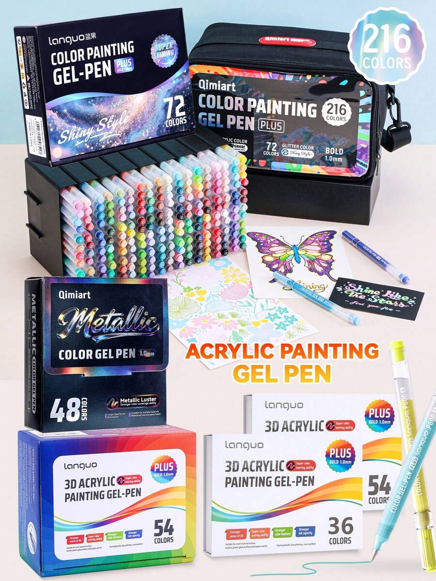 Languo 3D Planner Pen - 216 Colors Acrylic Gel Pen Set & 48 Colors Metallic Finish & 4 Gift Box Packaging (24/36/54/72 Colors) Op, First Day Of School - Multicolor - View 1