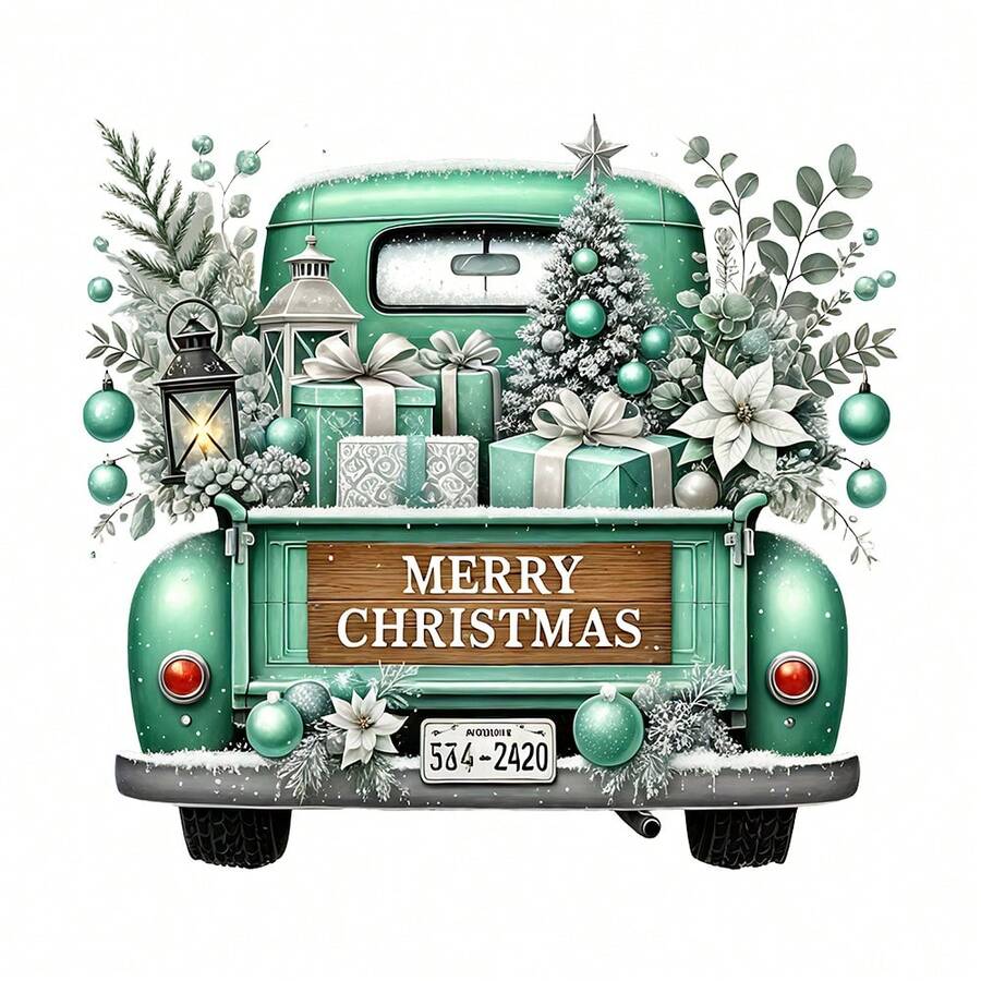 1/2/3PCS Water-Washable Heat Transfer Print, Vintage Mint Green Pickup Truck Loaded With Gift Boxes, Christmas Tree, Lanterns And Greenery, Paired With MERRY CHRISTMAS English Text, Fresh Healing Style Christmas Pattern, Suitable For T-Shirts, Bags, Pillows.